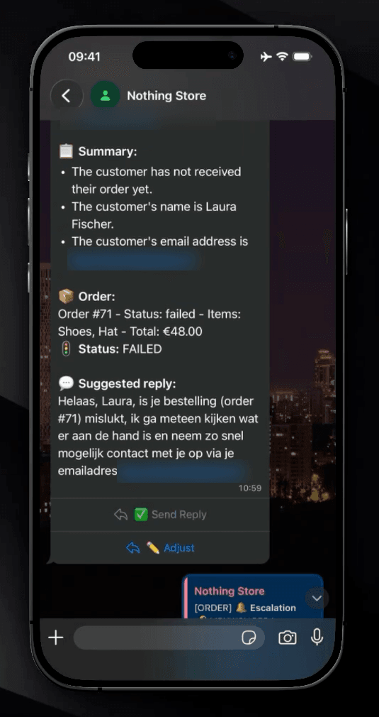 The manager's WhatsApp view: a summary of the customer and the failed order, a drafted reply, and Send Reply and Adjust buttons.