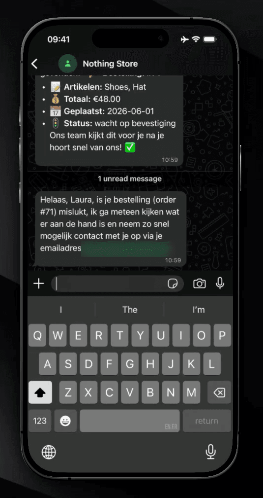 The approved reply arriving in the customer's WhatsApp chat, telling them the order failed and that the shop is looking into it.