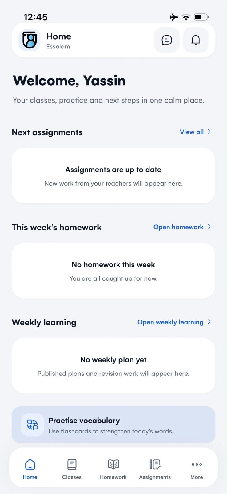 The student home screen showing assignments, homework and weekly learning