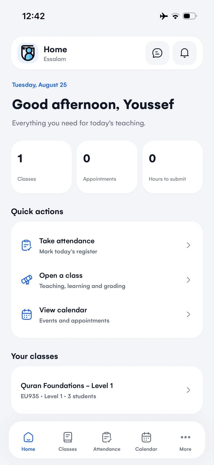 The teacher home screen showing today’s classes and quick actions